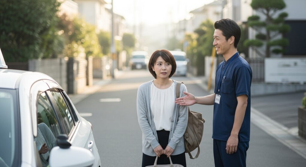 自宅前で不安を抱える女性を優しくサポートするインストラクター 自宅前で不安そうに立つ女性に、インストラクターが優しく声をかけてサポートしている様子。