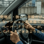 「雨の狭いマンション駐車場でバック駐車に不安を感じるペーパードライバーのシーン。野晒し・狭い・白線だけの環境でも安心して停める方法を紹介するアイキャッチ画像」