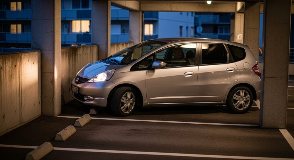 「マンションの狭い駐車場でバック駐車に苦戦する車。コンクリート柱が近く、ペーパードライバーが緊張しやすい典型的な自宅駐車のシーン」