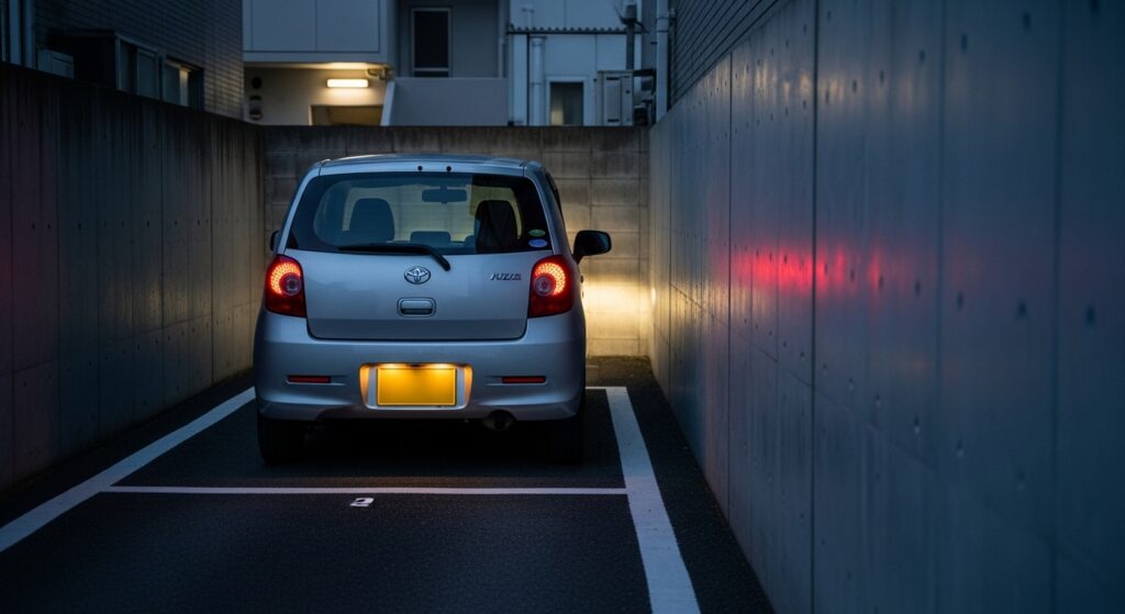 「壁に挟まれた狭いマンション駐車場に停まっている車。空間が極端に狭く、ペーパードライバーが苦手意識を感じやすい環境の典型シーン」