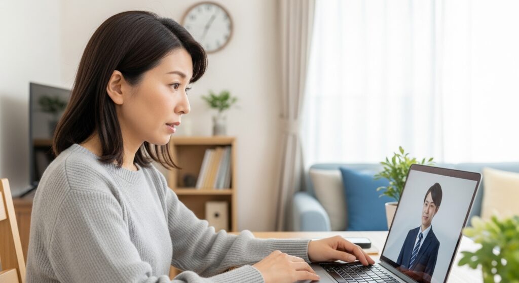 オンラインで運転の不安をインストラクターに相談する40代女性。自宅のデスクで真剣に話を聞きながら、ペーパードライバー講習について確認している様子。
