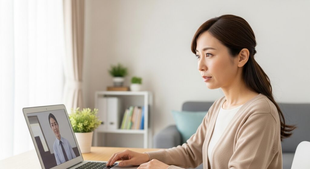 オンラインでインストラクターと個別相談を行う女性。自宅のデスクでパソコンに向かい、ペーパードライバーの不安や課題を相談している様子。