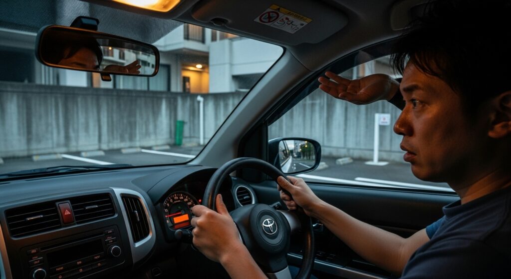 「マンション駐車場で焦りながらハンドルを操作する男性ドライバー。ミラーを確認しつつも動揺が強く、典型的な“焦り型”の駐車ミスにつながりやすい状況」