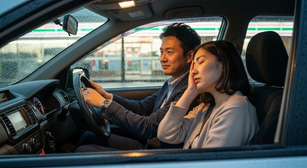 雨の中、車内で女性が疲れて目を閉じて休み、インストラクターが運転席で静かに見守っている様子。