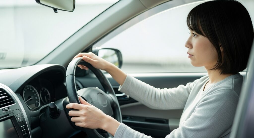 運転への不安を抱えながらハンドルを握る女性ドライバー。ペーパードライバーが再ブランクで自信を失っている場面。