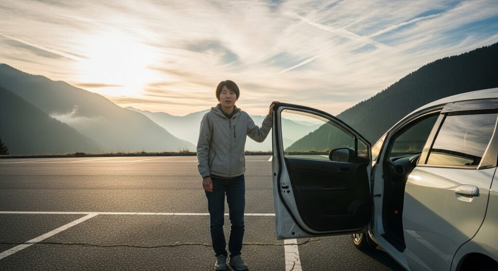 広い駐車場で車のドアを開け、運転の再スタートに向けて前を見つめる男性。再ブランクを終わりではなく新たな出発点と捉える場面。