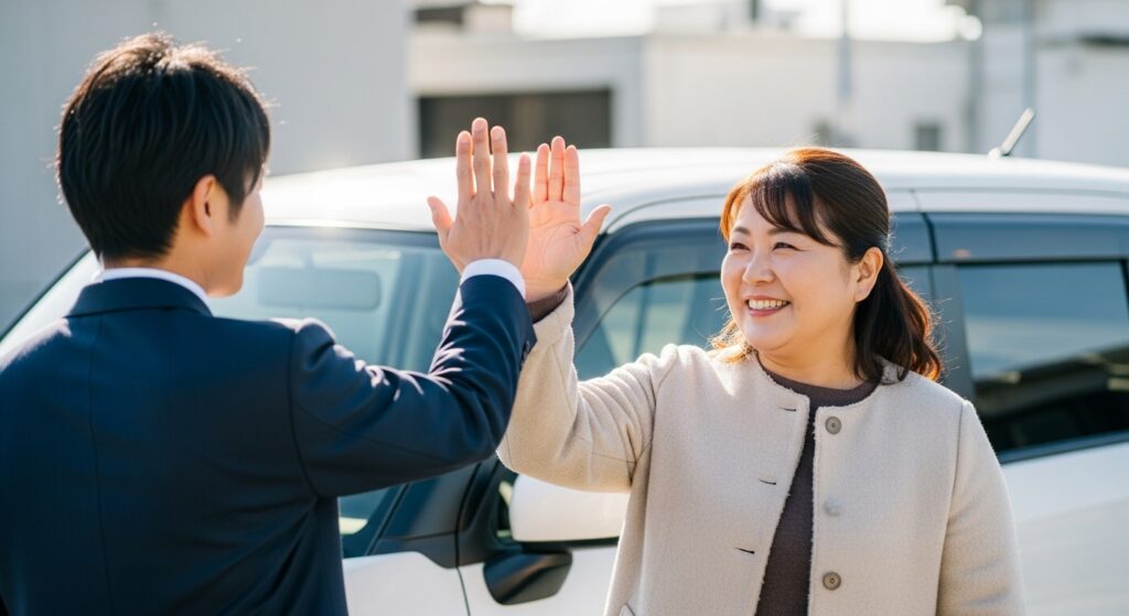 講習後にインストラクターとハイタッチする女性 インストラクターとハイタッチし、運転の成功体験を喜ぶ女性。安心できる環境で再出発に取り組んだ結果を表すシーン。