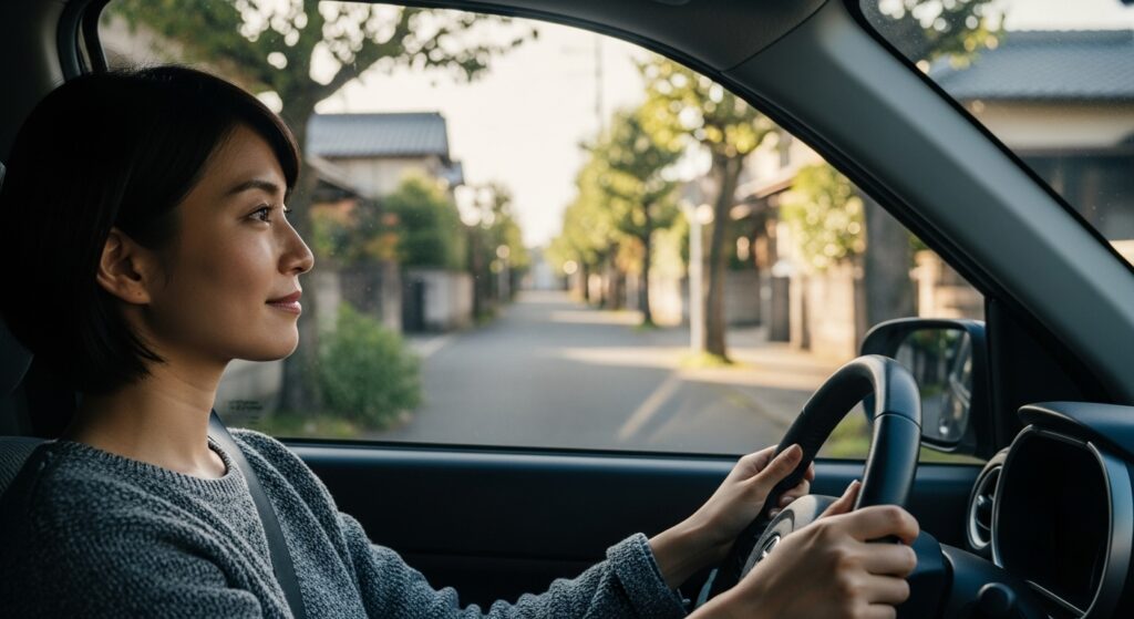 自宅周辺の短い安全なルートを走行し、小さな成功体験を積み重ねて自信を回復している女性ドライバーの様子。