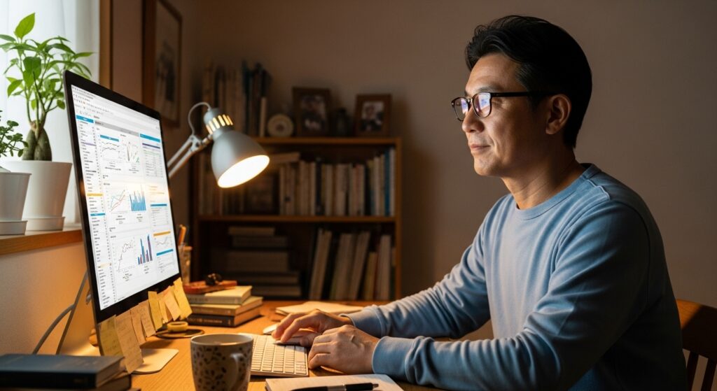 自宅のデスクでパソコン画面を見ながら作業する50代の男性