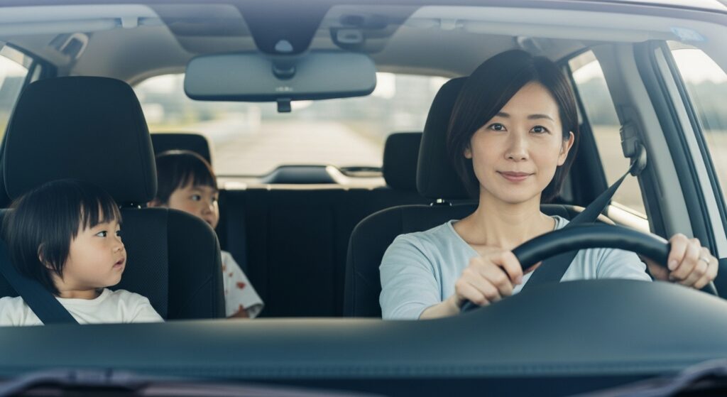 子どもを乗せて落ち着いて運転する母親の様子。運転への不安を克服し、家族の送迎ができるようになった成功場面。