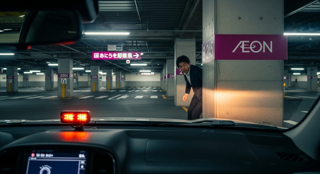 立体駐車場で柱の陰から突然歩行者が現れる場面を車内から見た視点。死角による見落としの危険性と安全確認の重要性を示している。