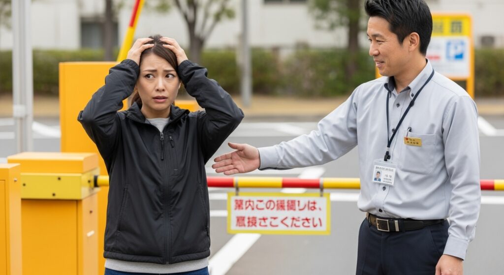 駐車場のゲート前で不安そうに頭を抱える女性と、落ち着いて声をかけるスタッフの様子。運転に自信を失ったドライバーをサポートするシーン。