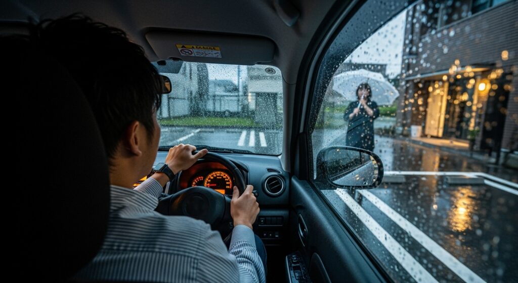 「白線が消えた雨の駐車場で、車内から周囲の“形”を見て駐車しようとする男性ドライバー。外には傘を差した人物が立ち、線がなくても停められる状況を示すシーン」