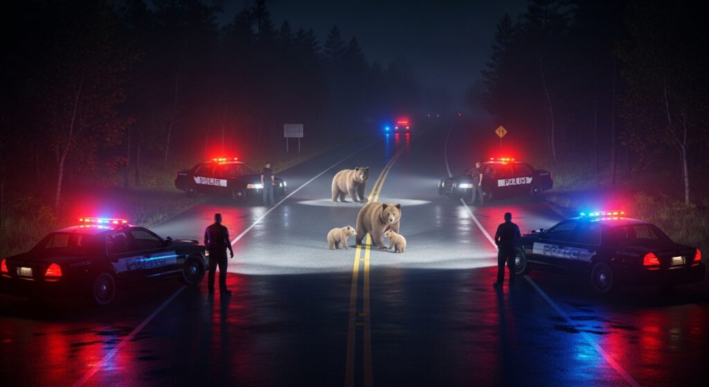 夜の幹線道路で、警察車両が熊の親子を囲み安全確保しているシーン。パトカーの赤色灯が路面に反射し、緊迫した状況を伝える。