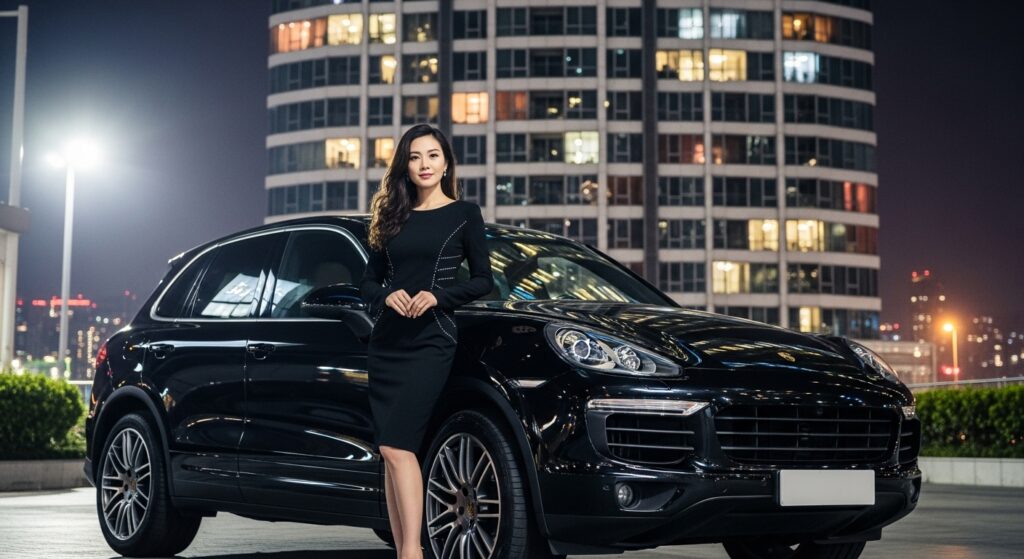 「夜景の高層マンション前で、黒いポルシェ・カイエンの横に立つ女性」