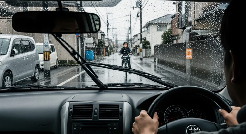 雨の生活道路を走る車の車内視点で、前方に自転車が現れたシーン。ワイパーが動き視界が悪い中で慎重に運転している様子。