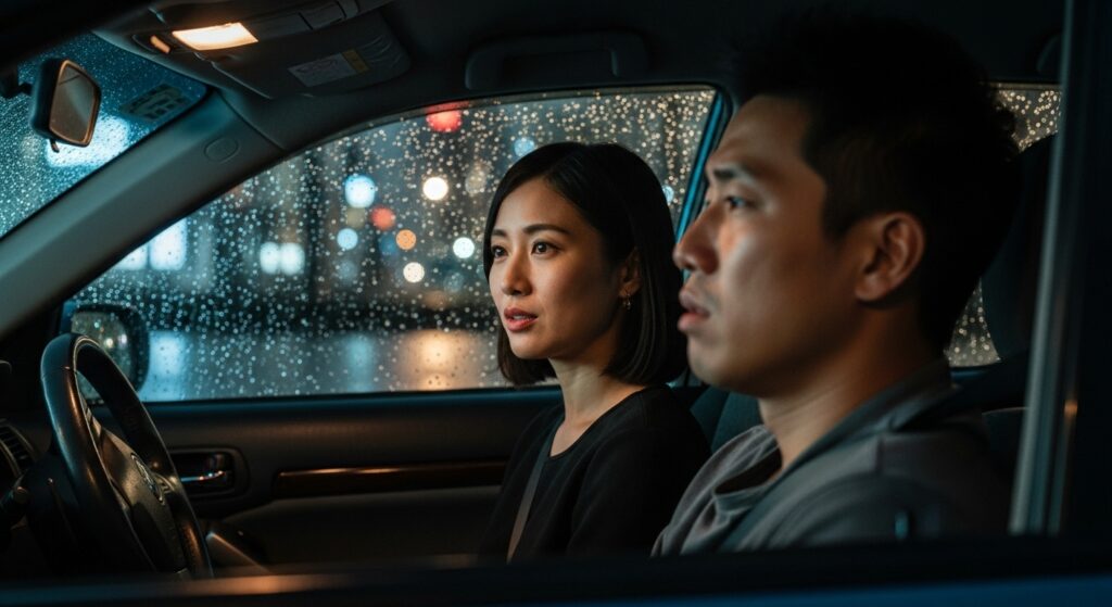 雨の夜の車内で、女性に運転について話しかけられ、気まずそうに前を向く男性のシーン