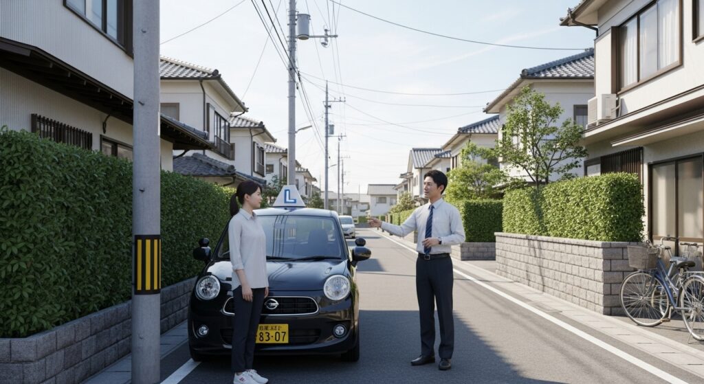 住宅街の生活道路で、インストラクターが女性受講生に運転のポイントを説明している様子。