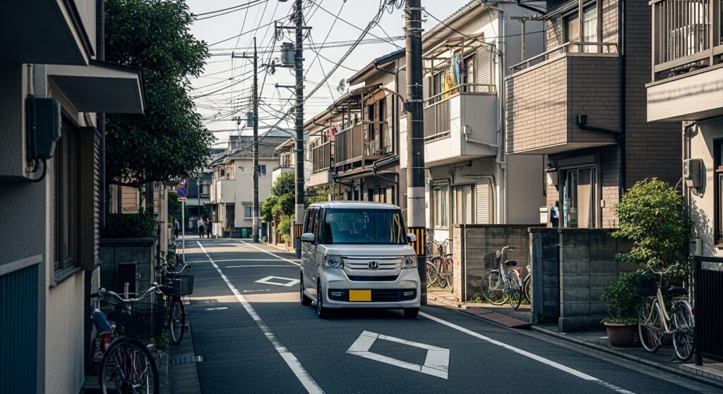「生活道路を軽自動車が低速で走行する東京都内の住宅街の様子。道路脇には自転車が並び、狭い道での交通状況を示す写真。」