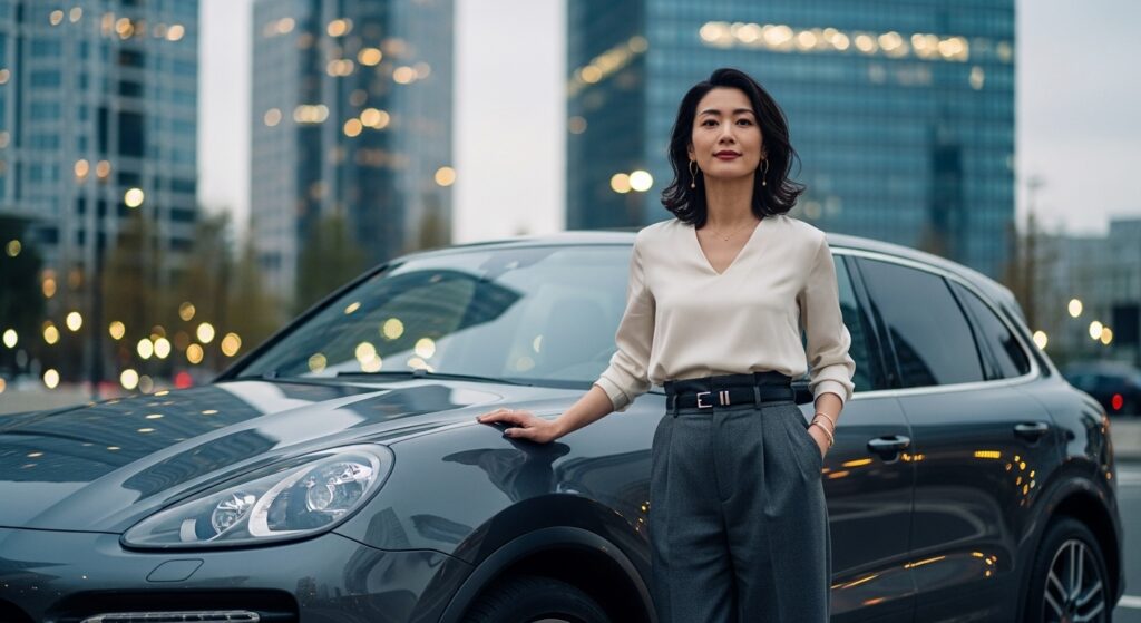 「高層ビルを背景に、黒いポルシェ・カイエンにもたれかかる日本人女性」