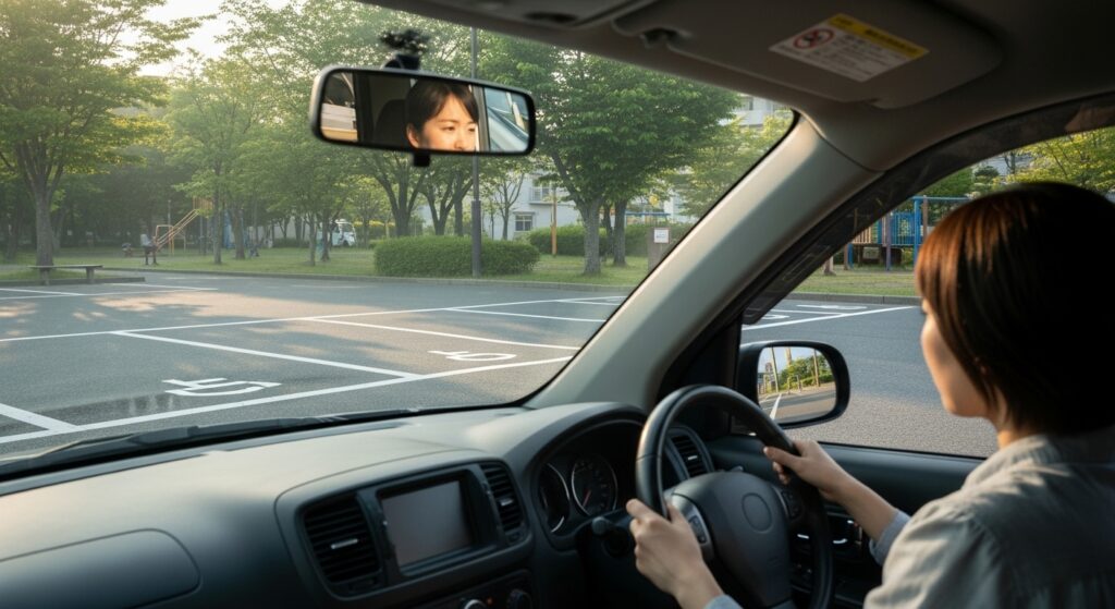 平日の午前、公園の駐車場で女性が落ち着いて駐車練習をしている車内視点のシーン。ミラーで後方を確認しながら安全に操作している様子。