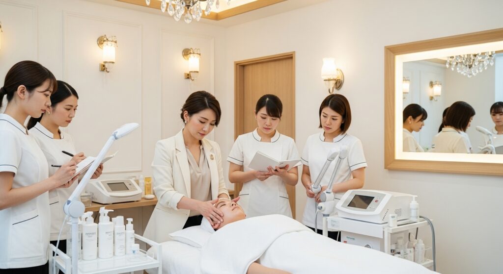 「エステサロンでオーナーがスタッフに施術研修を行っている様子」