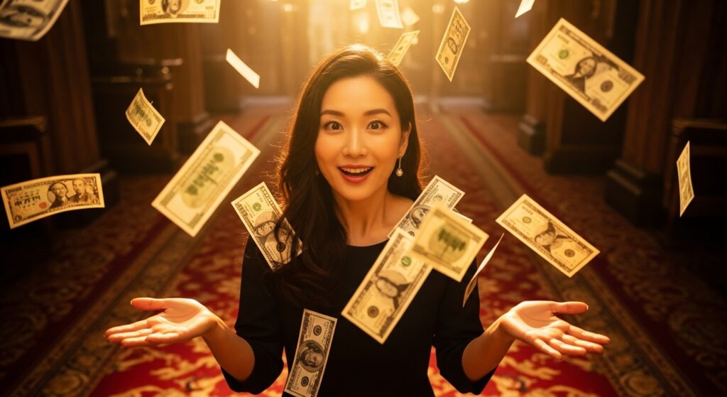 「豪華な室内で紙幣が舞い落ちる中、笑顔を見せる女性」