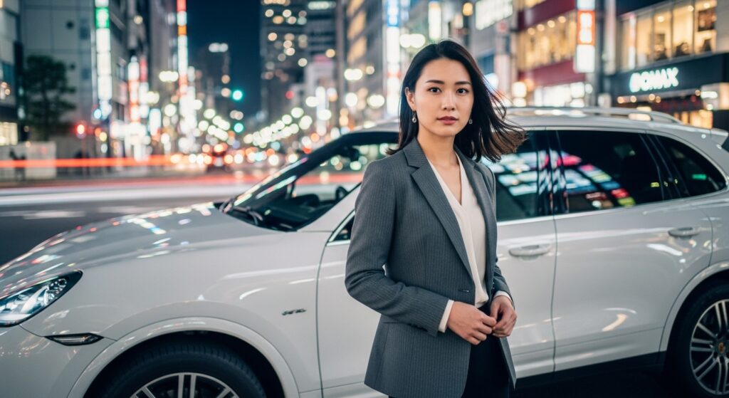 「夜の都会で白いポルシェ・カイエンの前に立つビジネス女性」