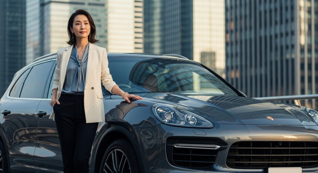 都心の高層ビル街を背景に、ポルシェ・カイエンの横で凛と立つ女性。