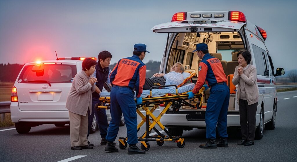 運転中に体調を崩した高齢ドライバーがストレッチャーで救急車に搬送され、救急隊員と家族が見守っている道路上の救護シーン