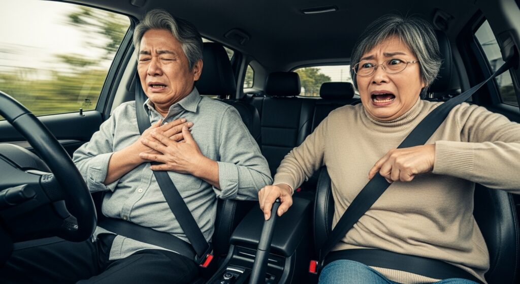 運転中に胸を押さえて苦しむ高齢ドライバーと、緊急停止のためにハンドブレーキを引こうとしている同乗者の緊迫した車内シーン