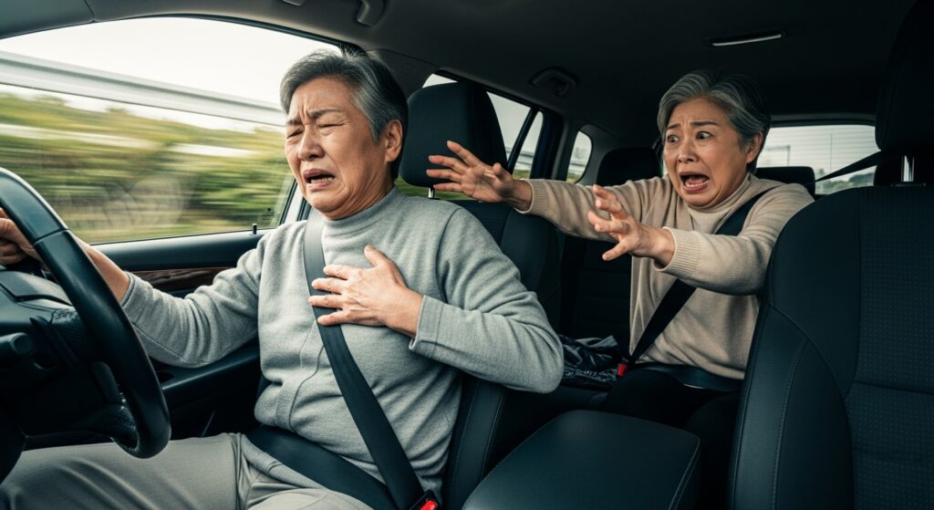 運転中に胸の痛みを訴える高齢ドライバーと、動揺しながら助けようとする同乗者の緊迫した車内シーン