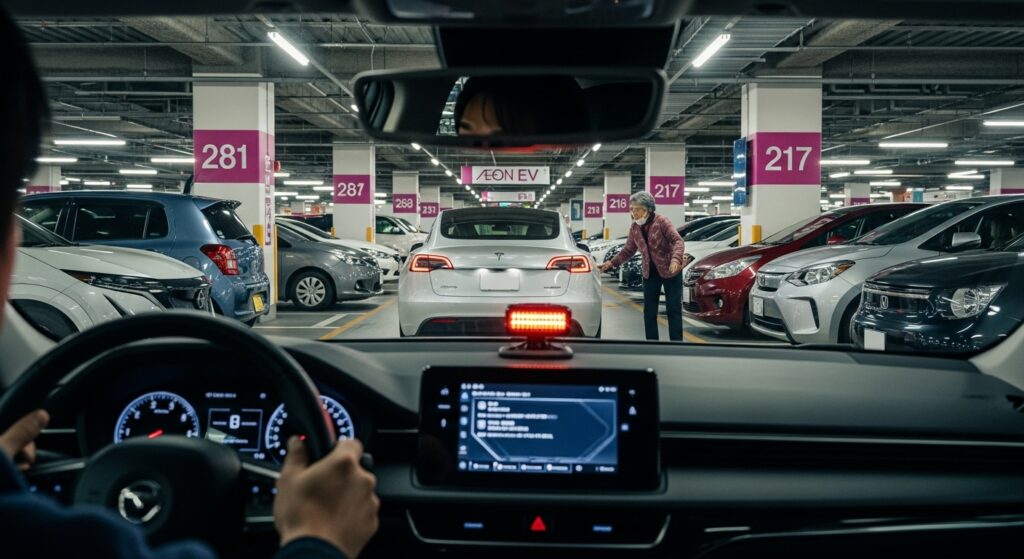 ショッピングモールの立体駐車場で高齢者が車の近くを横切る場面を車内から見た視点。小さな油断が接触事故につながるリスクを表している。