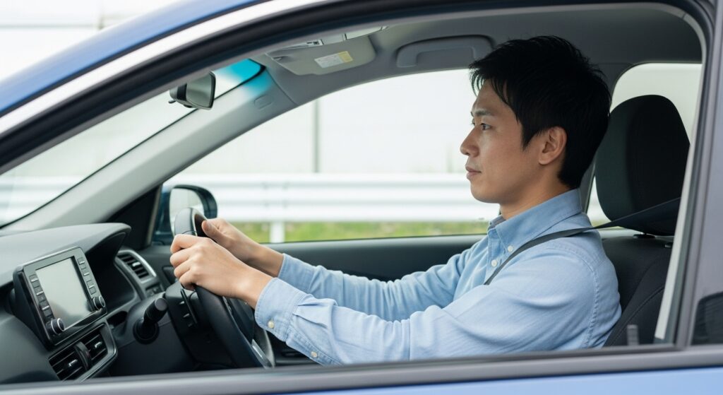 落ち着いた表情で丁寧にハンドルを握る日本人男性。揺れを抑えたアクセルワークや静かな操作が、同乗者に安心感を与える“モテる運転”の本質を表すシーン。