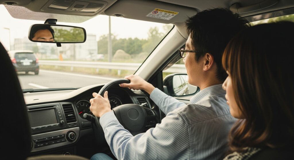 落ち着いた表情で丁寧に運転する日本人男性と、安心して隣に座る女性。同乗者に揺れやストレスを与えないスムーズな運転が、心地よさと信頼感を生むシーン。