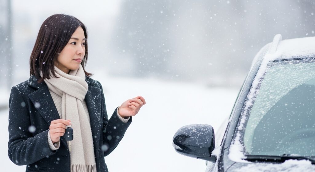 雪の中で車のキーを手にしながら、運転を控える判断をしている女性の姿。積雪で危険と感じ、無理に運転しない選択をするシーン。