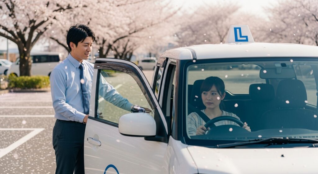 スクール車の運転席に座る女性が、桜が舞う春の駐車場でインストラクターから指導を受けている様子。