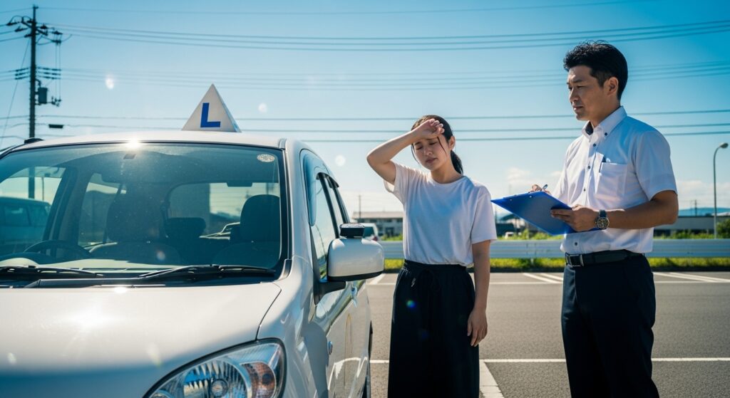 強い日差しの中、女性受講生が暑さで額に手を当てながら、インストラクターから運転指導を受けている様子。