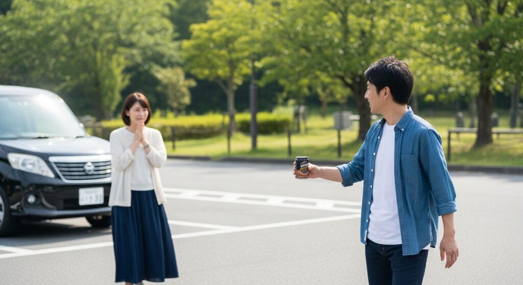 駐車場で男性が飲み物を差し出し、女性が嬉しそうに受け取ろうとしている様子。安心できる同乗者が運転の不安を和らげることを表現したシーン。