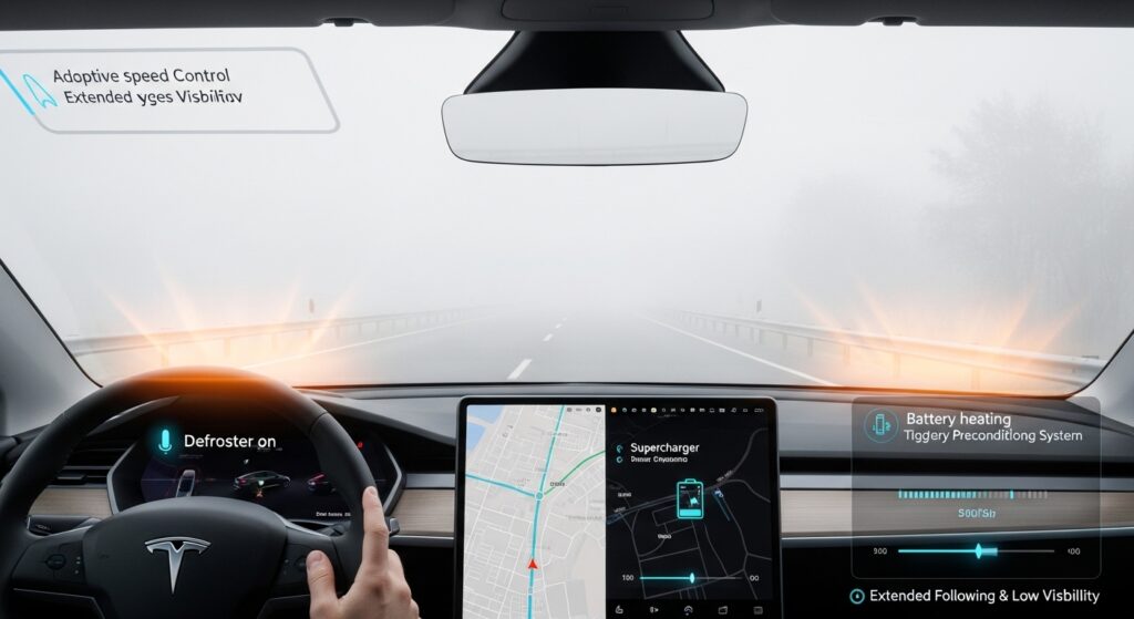 濃霧の中を走るテスラ車内の様子。デフロスターやバッテリー加熱、速度制御などのソフトウェアによる安全機能がディスプレイやHUDに表示されている。
