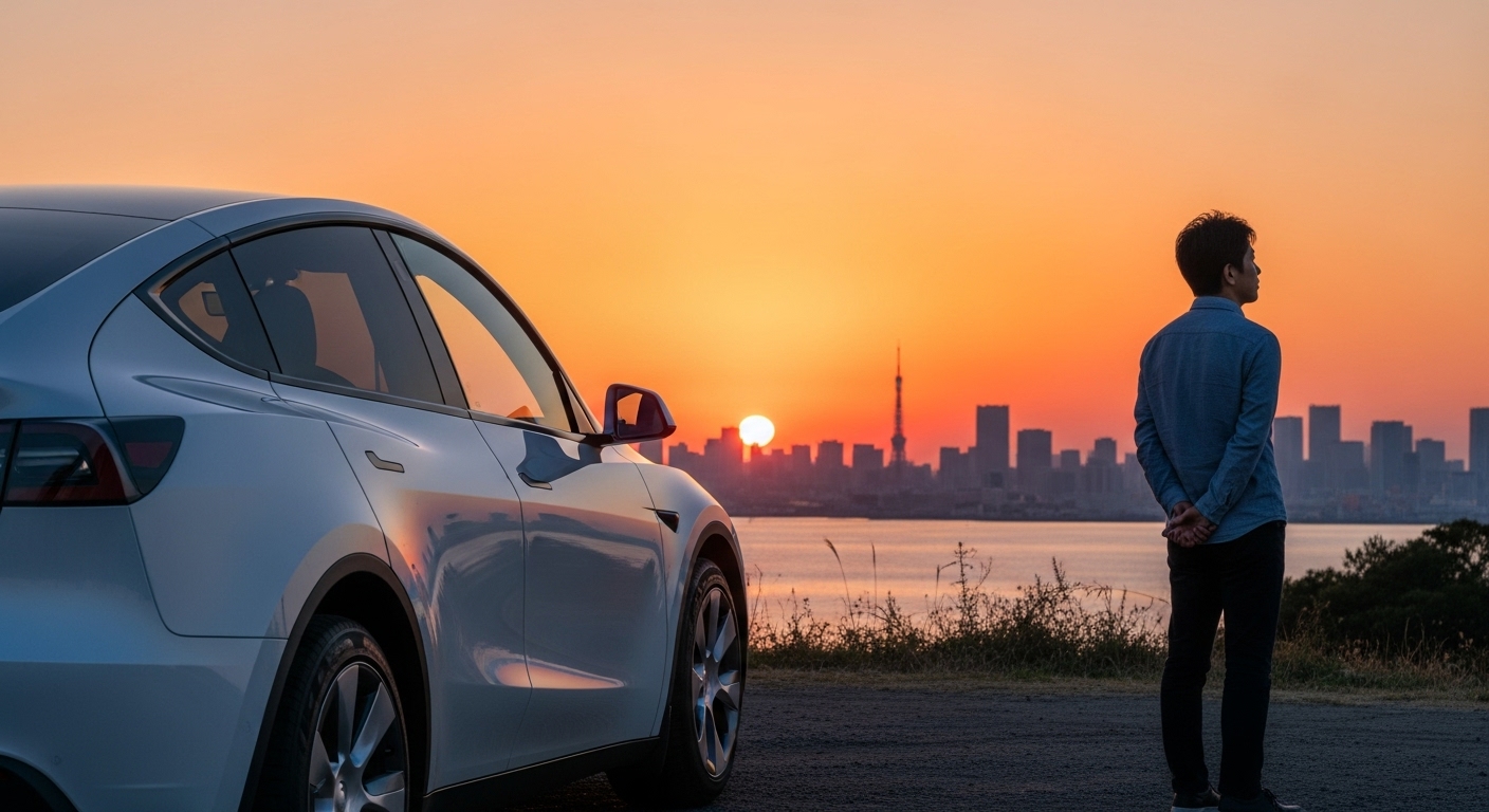 夕日を背景に東京の街並みを望みながらテスラの隣に立つ男性。EV導入後の穏やかな暮らしを象徴するシーン。