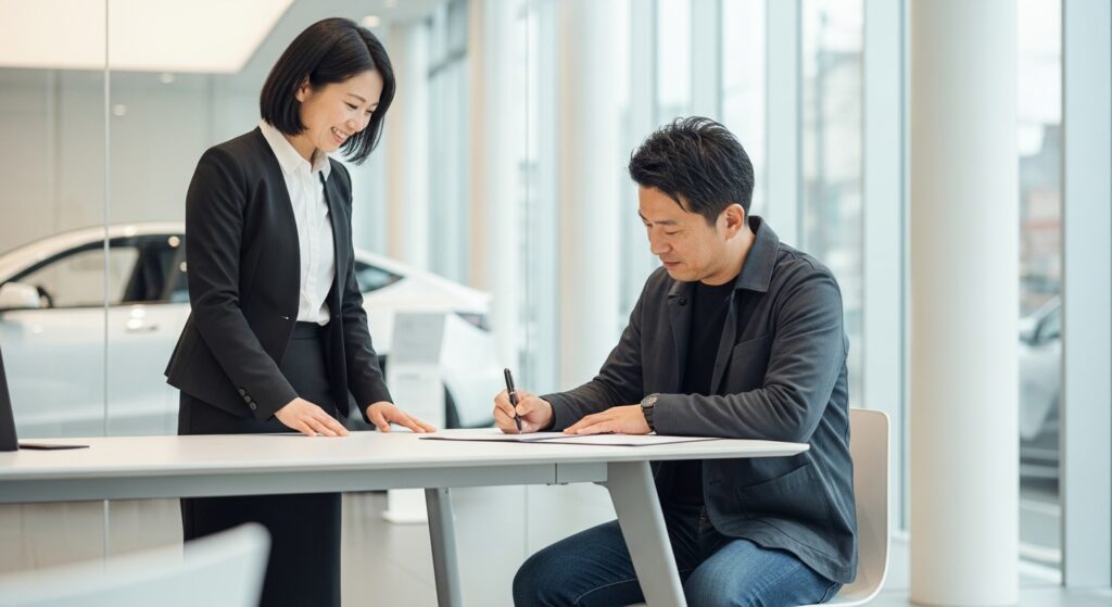 テスラ販売店でEV購入契約に署名する男性と、手続きをサポートするスタッフ。補助金申請のタイミングを検討している場面。
