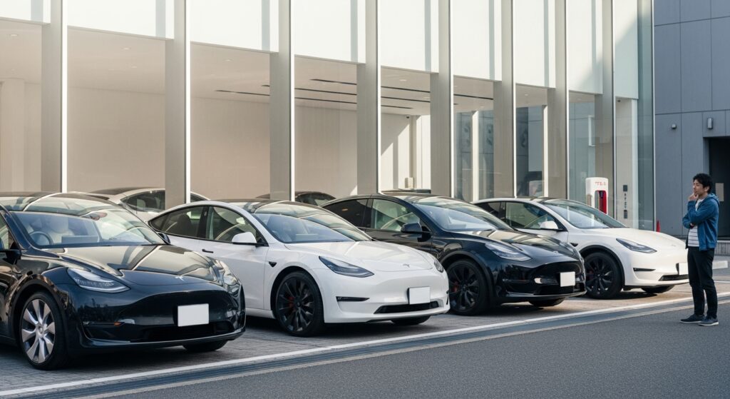 テスラ販売店の前に並ぶ複数の新車。購入を検討する男性が各モデルを比較しているシーン。