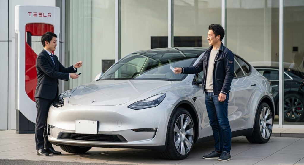 テスラ販売店で新車のモデルYを受け取る40代男性とスタッフ。納車の様子を捉えたシーン。