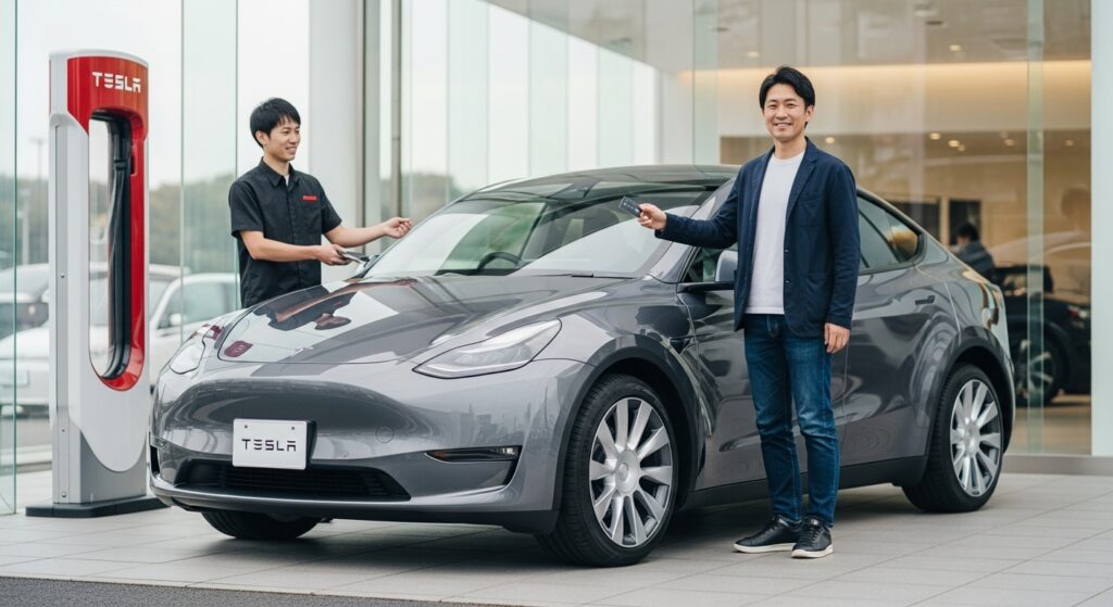 テスラ販売店で新車のモデルYを受け取る男性とスタッフ。納車の瞬間を笑顔で迎えるシーン。