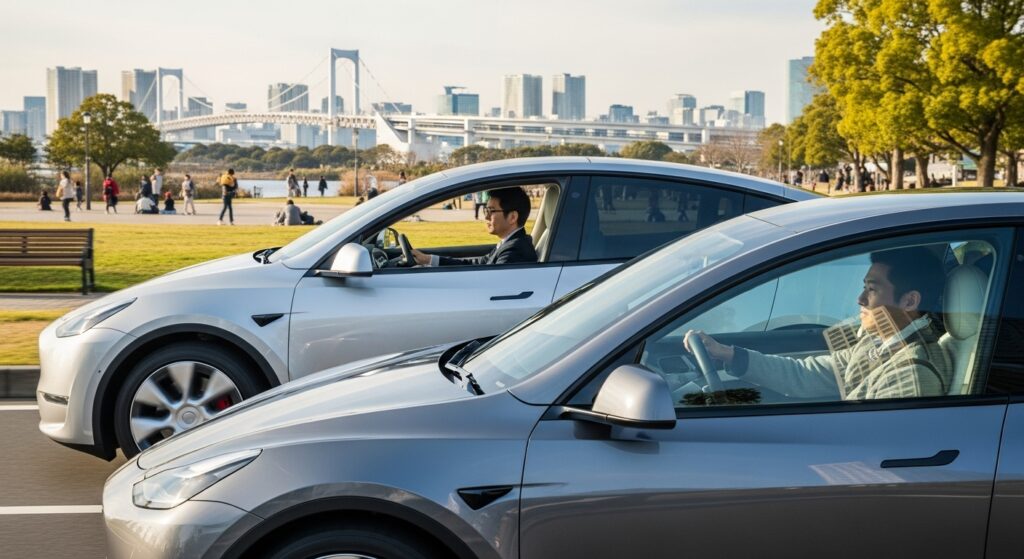 お台場の海沿いを走る2台のテスラ・モデルY。東京都内でEVが並走するシーン。