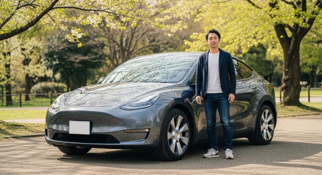 東京の公園でテスラ・モデルYの横に立つ40代男性。環境にやさしいEVライフスタイルを象徴するシーン。