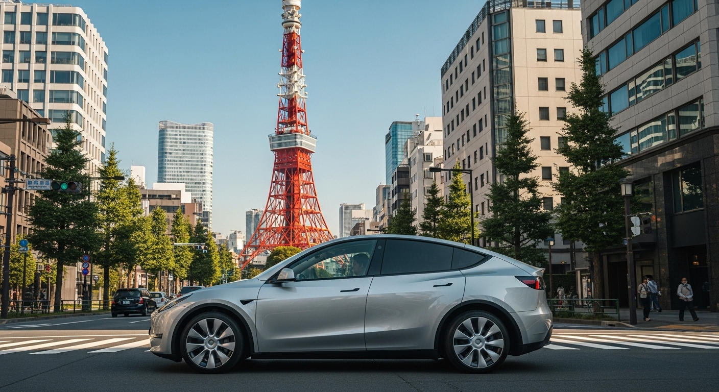 東京タワーを背景に走るテスラ・モデルY。東京都心でのEV普及とサステナブルな都市交通を象徴するシーン。