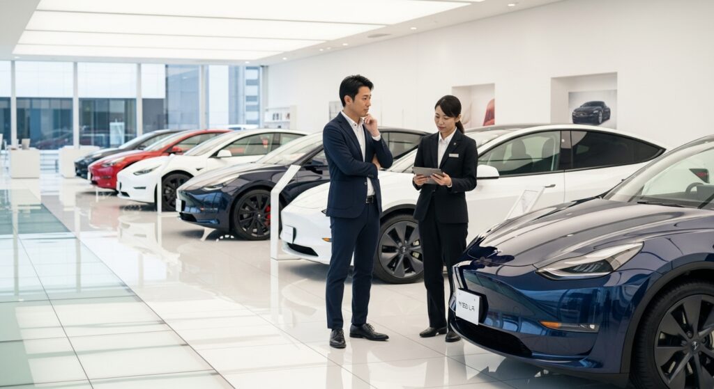 テスラショールームでスタッフと商談する男性。EV購入に向けて補助金や充電環境を相談しているシーン。