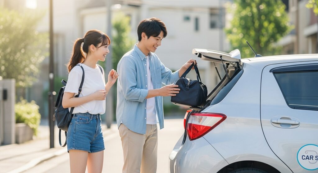 「カーシェアの車に荷物を積み込む日本人カップル」